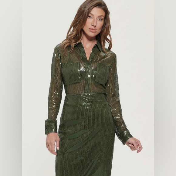 Guess Women’s Maya Sheer Sequin Button-up Shirt Women’s XS peyote Green - Picture 3 of 4